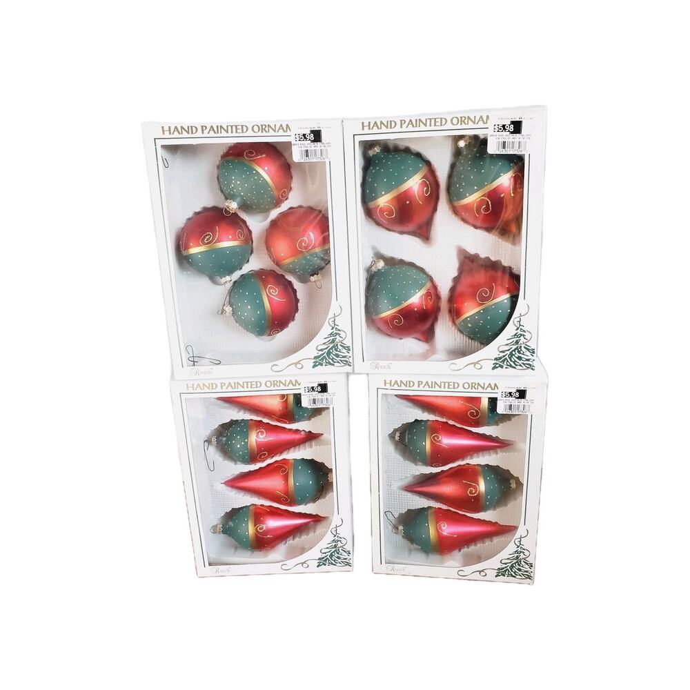Vintage Rauch Pyramid Glass Ornaments Red & Green Gold Glitter Stencil Set 16